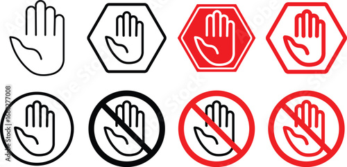 Red and black stop sign with hand icon set. hand icon symbol, vector illustration
