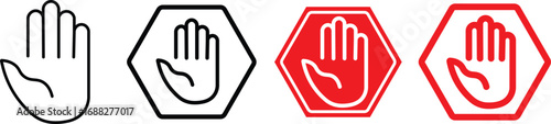 Red and black stop sign with hand icon set. hand icon symbol, vector illustration

