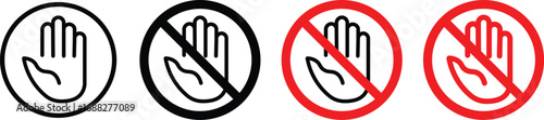 Red and black stop sign with hand icon set. hand icon symbol, vector illustration

