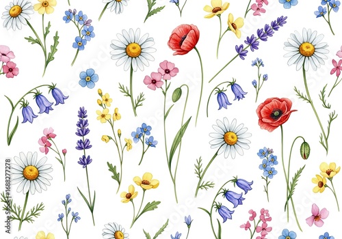 Watercolor Wildflower Pattern with Daisies, Lavender, Poppy, and Bellflower on White