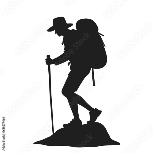 Silhouette of hiker with backpack and trekking pole on rock