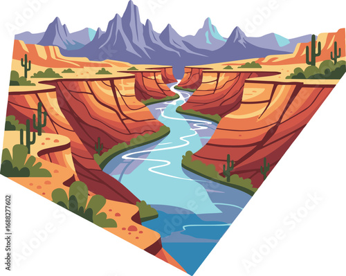 Artistic River Canyon Vector with Mountains and Flowing Water