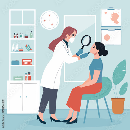 Dermatologist examining a patients skin with a magnifying glass in a clinic.