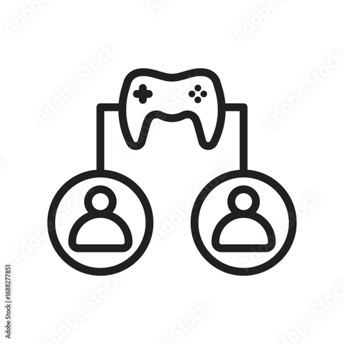 Line art depicting two connected people icons beneath a gaming controller. Editable stroke. Vector icon illustration