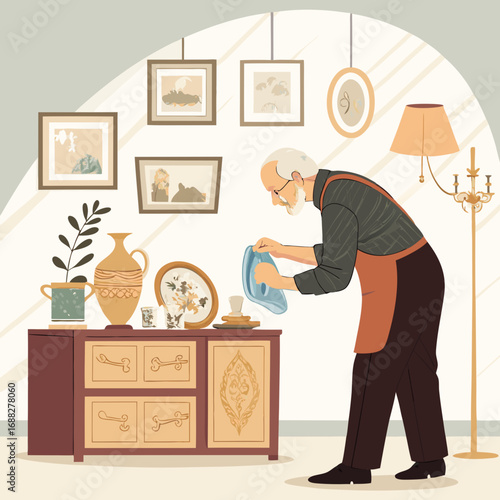 Elderly man in an apron carefully dusting furniture.