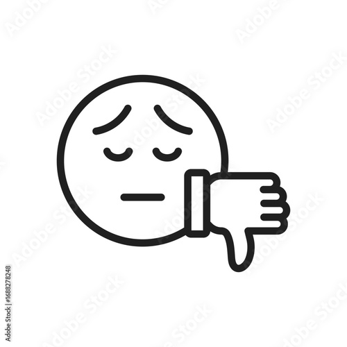 Line drawing of a sadfaced emoji with downturned mouth eyes and eyebrows and a thumbsdown hand symbol. Editable stroke. Vector icon illustration
