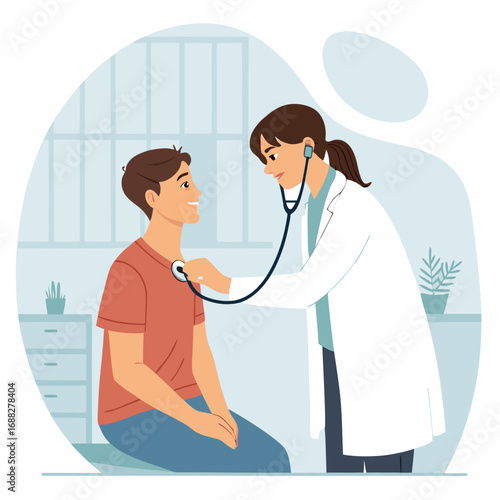 Female doctor examining a male patient with a stethoscope.