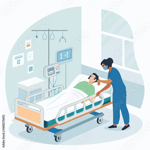 Female Nurse Caring for a Male Patient in a Hospital Room.