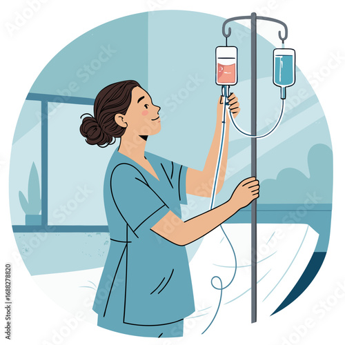 Female Nurse in Scrubs Adjusting an Intravenous IV Drip.