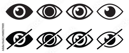 Eye black line icon set. No eye logo, crossed, privacy protection symbol, protect eye label, prevent peeping badge, anti spy, 99.9% high transparent, blue light protected, invisible and visible eye. 