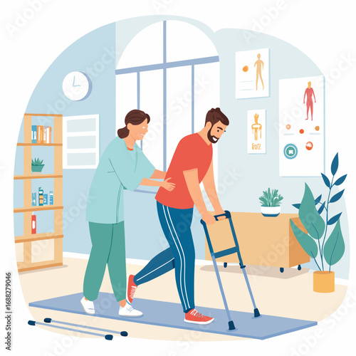 Female physical therapist assisting a male patient with a walker during a rehabilitation session.