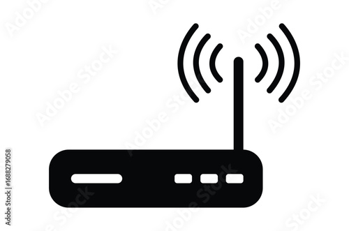 Simple black and white icon illustration of a wireless router with an antenna emitting wi fi signal waves representing internet connectivity and home networking