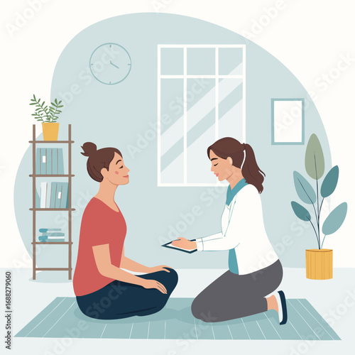 Female psychologist and patient in a counseling session.