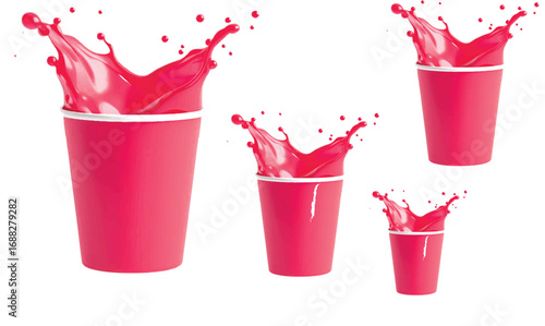 I see this new image—it shows **four red cups** with liquid splashing upward. They are arranged in different **sizes**, from largest on the left to smallest on the bottom right, almost like a scaling 
