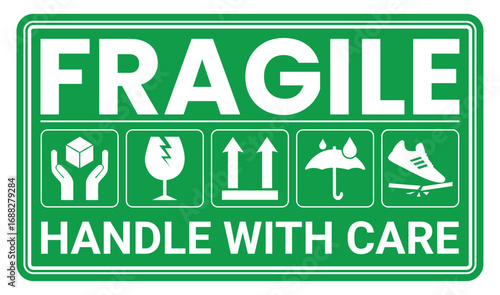Fragile package icons set, handle with care logistics and delivery shipping labels. Fragile box, keep dry umbrella, cargo warning vector signs