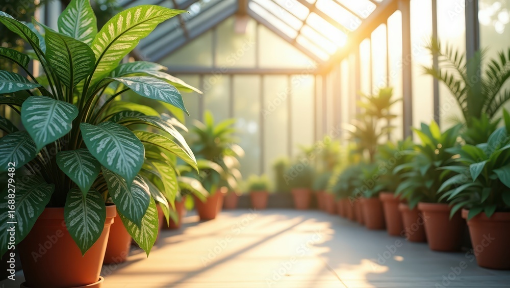Fototapeta premium Sunlit greenhouse interior showcasing lush potted foliage, terracotta pots, glass roof, and sunbeams casting shadows on the floor