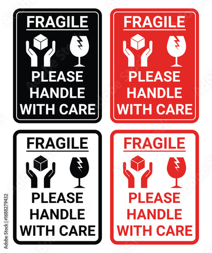 Fragile package icons set, handle with care logistics and delivery shipping labels. Fragile box, keep dry umbrella, cargo warning vector signs