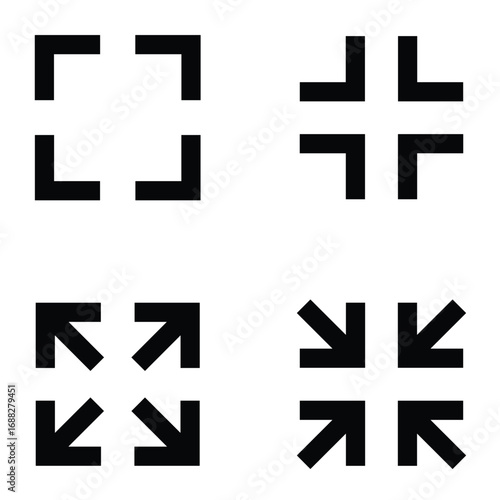 Full screen vector black icons. Set of full screen and exit full screen icon. Minimize Maximize Frame Logo