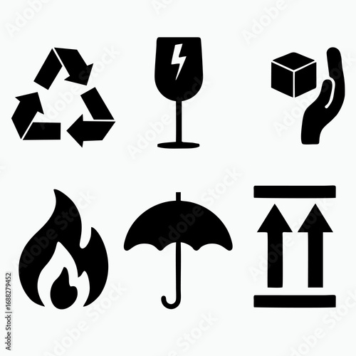 Shipping and handling fragile packaging symbols including fire, umbrella, and recycle