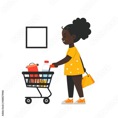 Smiling Young Woman Pushing Shopping Cart Full of Groceries in Grocery Store Aisle Wearing a Yellow Dress and Orange Shoes