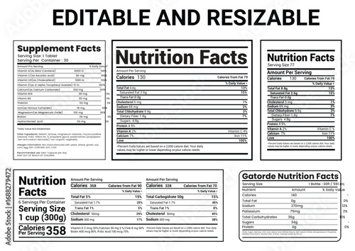 Collection of editable and resizable nutrition facts labels and food ingredient lists for product packaging and informational design purposes