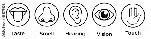Human senses icon set. Vision eye, smell nose, hearing ear, touch hand, taste mouth with tongue. Simple line icons and black circle. Five senses of human nervous system. Vector illustration.