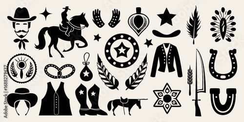 Collection of black silhouette western cowboy elements and symbols on a light background