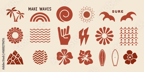 Collection of boho style tropical and summer icons with palm trees sun rainbow waves and surfboards