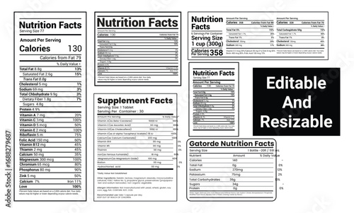 Collection of various nutrition facts labels and supplement facts labels presented in a collage format on a white background with an editable and resizable text box