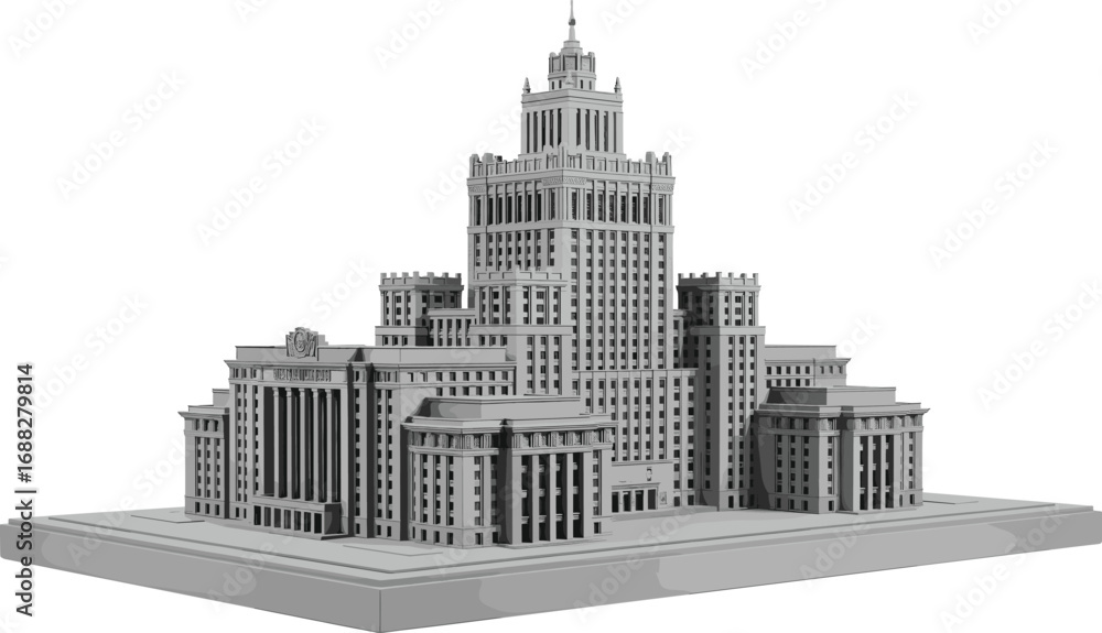 Naklejka premium Neoclassical Monumental Building 3D Model with Central Tower, Architectural Visualization of Historic Structure, Palace-Inspired Urban Design Concept