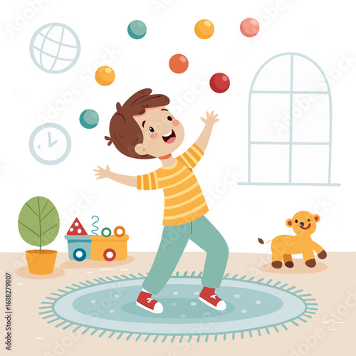 Happy Cartoon Boy Juggling Colorful Balls in Playroom.