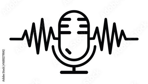 Minimalist line art icon of a vintage microphone with a sound wave emanating from its sides representing audio recording podcasting or broadcasting concepts