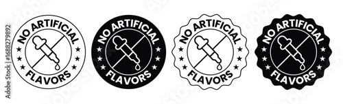 No artificial Flavors, color, preservatives, sweeteners icons set, label, logo, badge, sticker, emblem, stamp, symbol, circle, black, flat vector, isolated illustration.