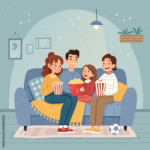 Happy family watching a movie together at home.