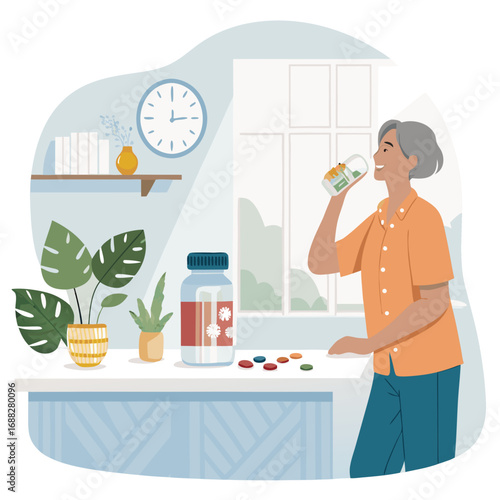 Happy senior woman taking her daily vitamins and supplements at home.