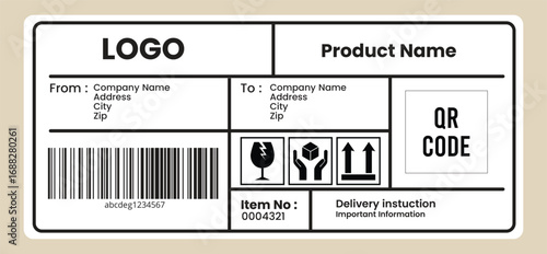 Clean and modern shipping label design with barcode qr code product name logo placeholder and shipping symbols for logistics and e commerce packaging
