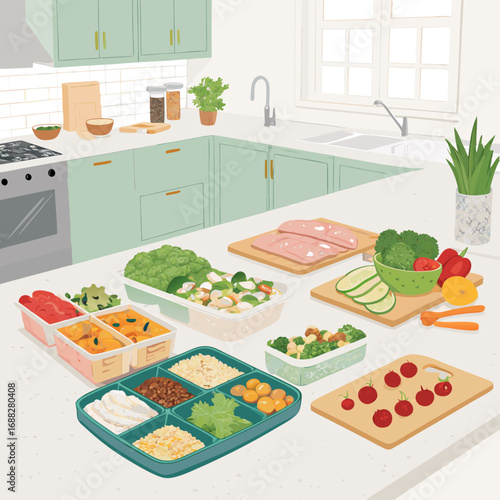 Healthy Meal Prep Containers with Fresh Vegetables and Ingredients.