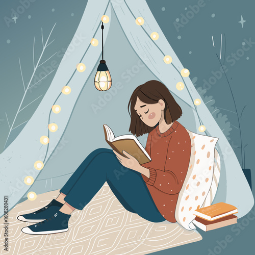 Illustration of a Woman Relaxing with a Book in a Tent.