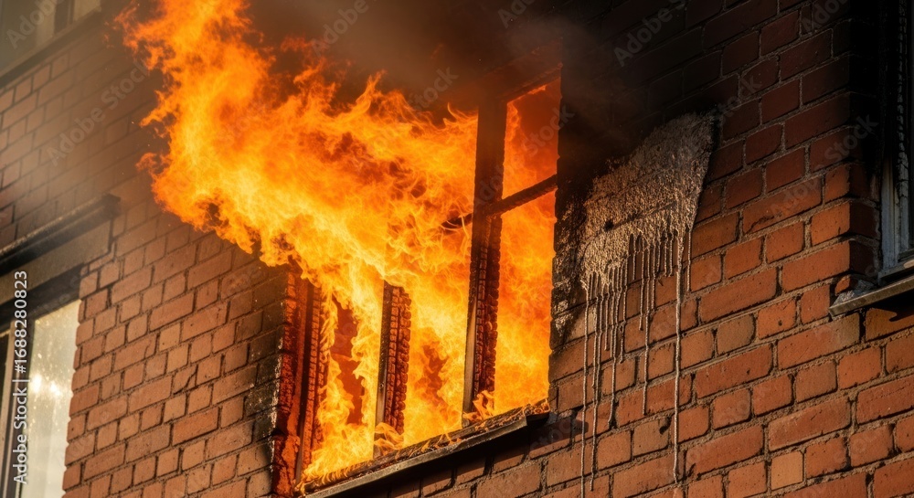 Obraz premium Flames Engulfing a Building Window in Fire