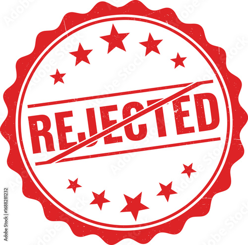 Rejected Stamp Icon in Red Circle with Stars, Diagonal Text for Denial, Official Decline Symbol for Admin or Business Use