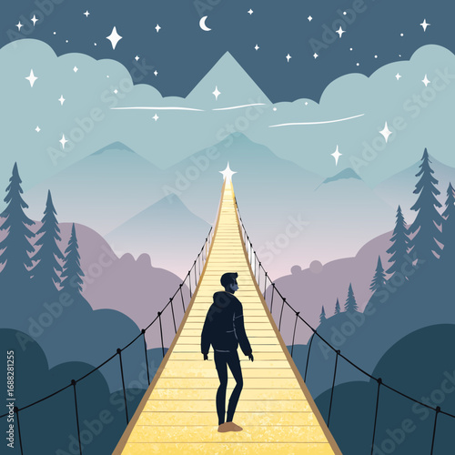 Man on a journey across a bridge towards a distant mountain peak at night.