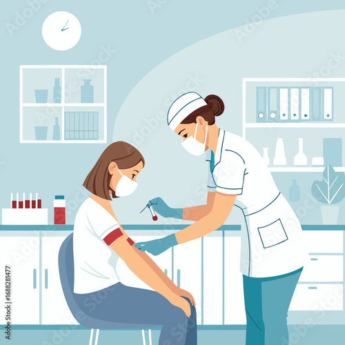 Medical nurse drawing a blood sample from a patient in a clinic.