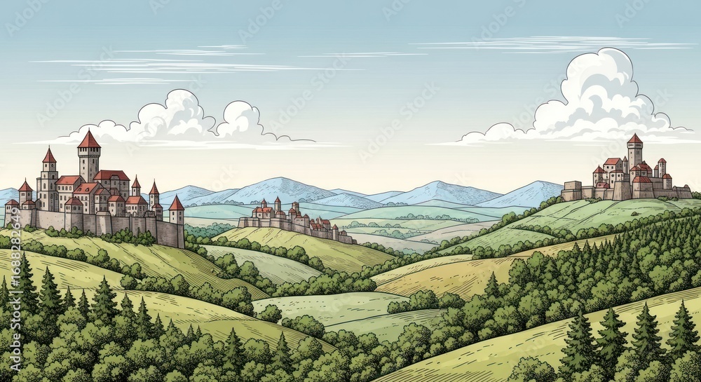 Naklejka premium Fantasy Landscape with Medieval Castles and Rolling Hills