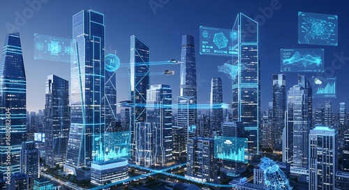 Futuristic city skyline with advanced technology and flying vehicles for next generation transportation concepts