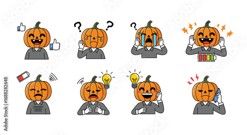 Halloween pumpkin head character expressing various emotions and actions in a business suit