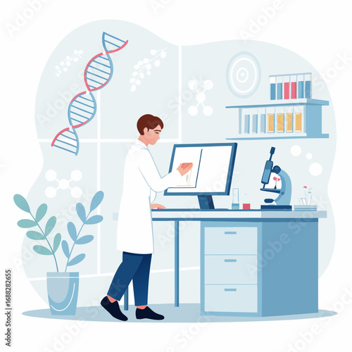 Scientist in a modern laboratory conducting genetic research on a computer.