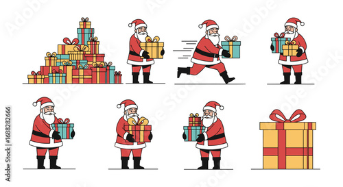 Joyful santa claus characters delivering presents and spreading holiday cheer through various festive scenes