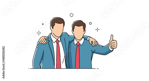 Two businessmen standing together with one arm around the other showing support and success in their professional endeavors