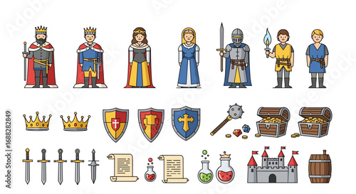 Medieval fantasy kingdom characters and elements collection for game development and illustration projects