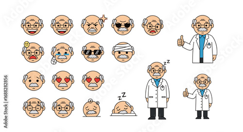 A collection of elderly gentleman emojis expressing various emotions and actions for medical professionals